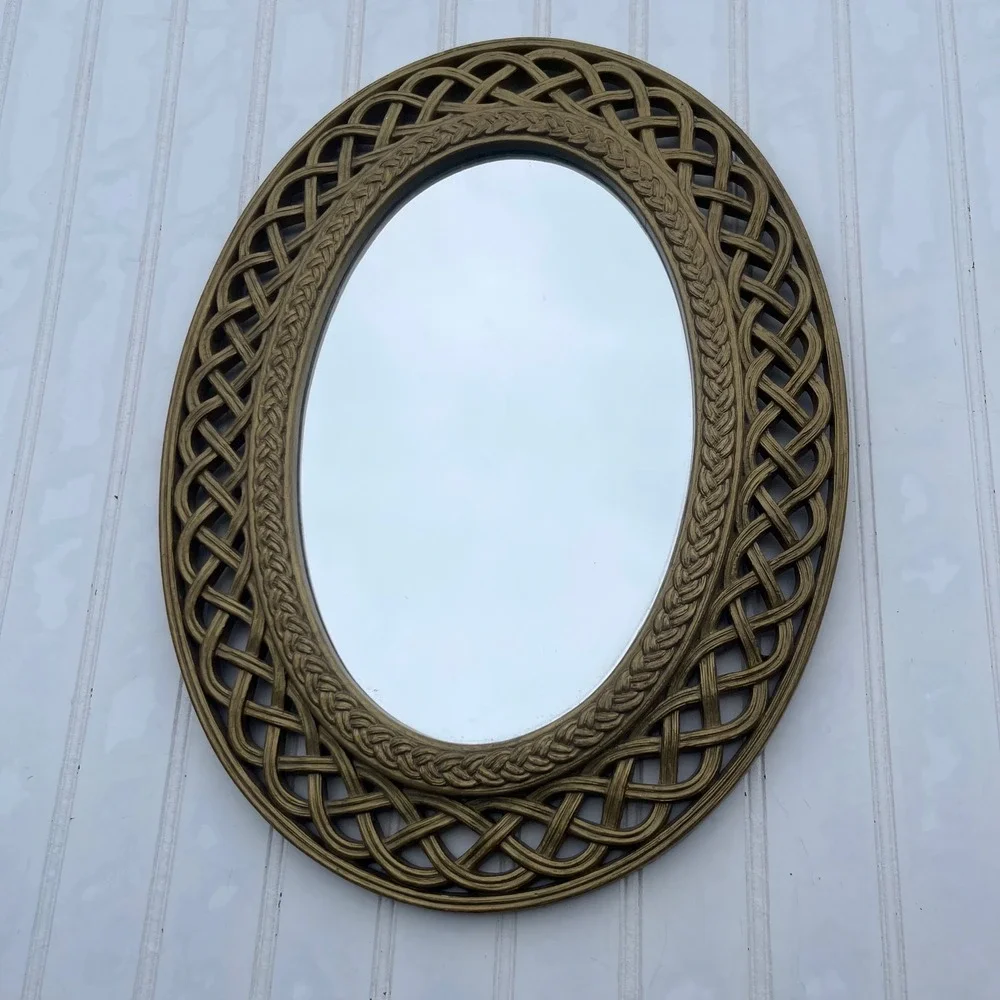 Vintage Style Antique Gold Oval Wall Mirror Ornate Lattice Braided Frame 16x13